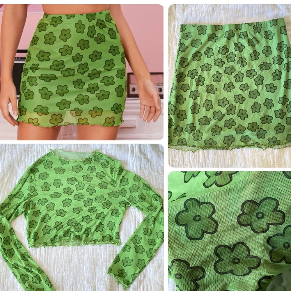 Y2K Green Floral Mesh Festival Long Sleeves Crop Top Mini Skirt Sz M